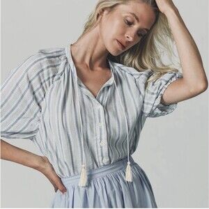 The Shirt Rochelle Behrens Blue White Stripe Tassel top XS